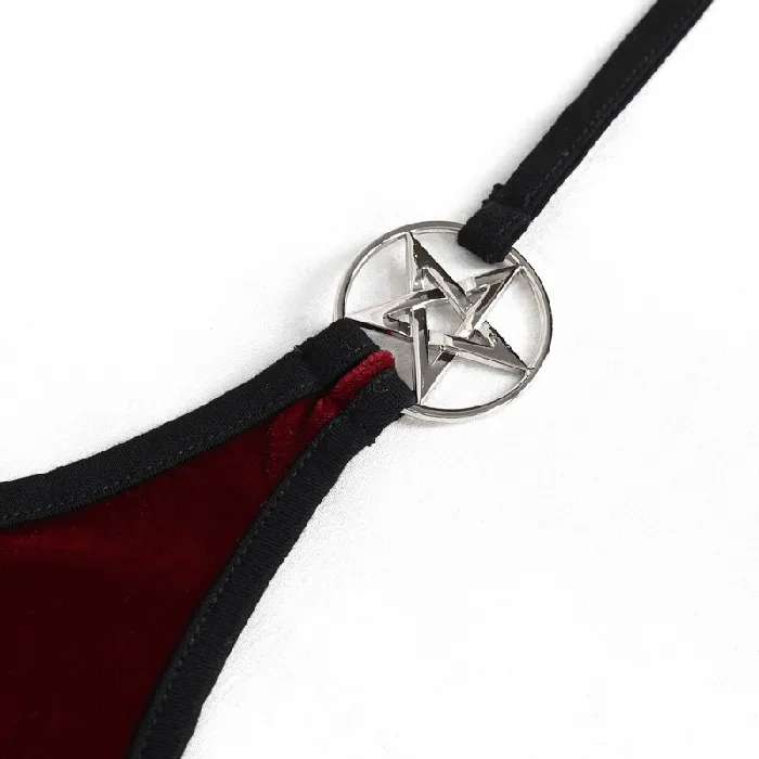 EVEs SECRETS Vibrators Wine Red Velvet Bikini With Pentagram Tie Sides
