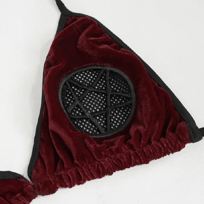 EVEs SECRETS Vibrators Wine Red Velvet Bikini With Pentagram Tie Sides