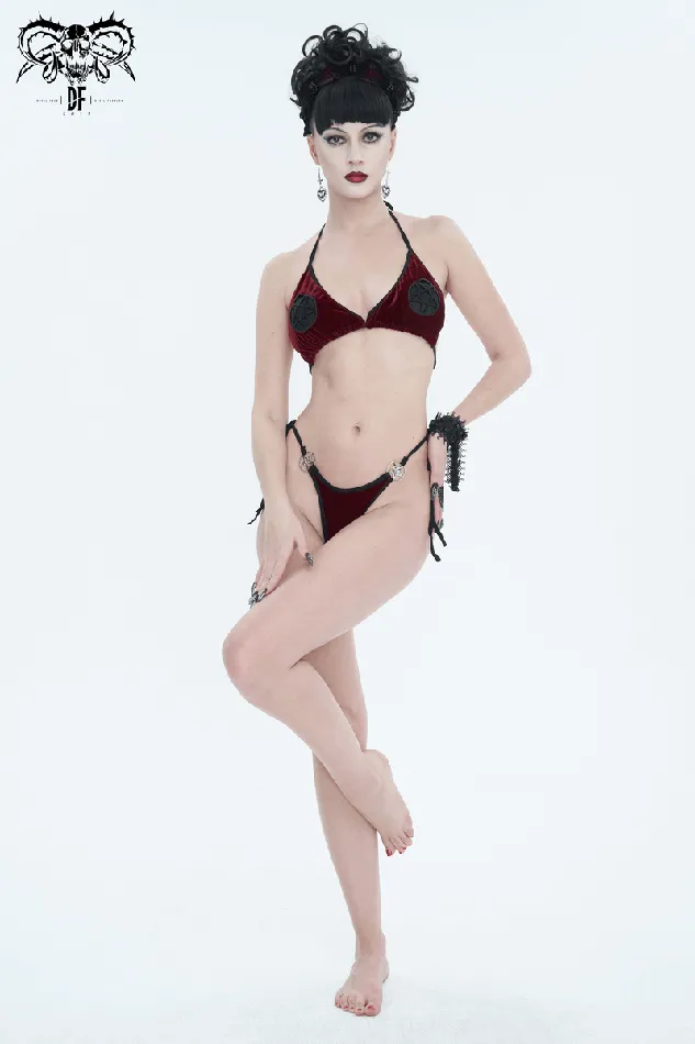 EVEs SECRETS Vibrators Wine Red Velvet Bikini With Pentagram Tie Sides