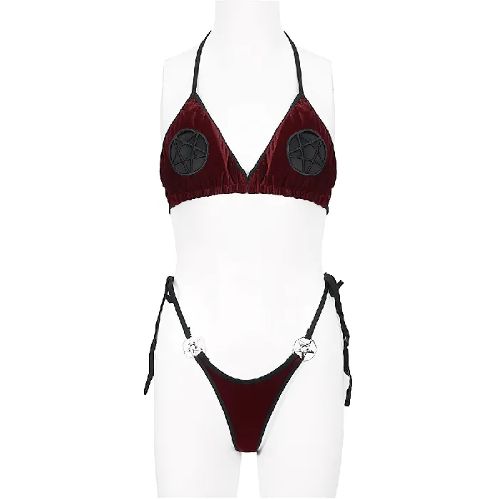 EVEs SECRETS Vibrators Wine Red Velvet Bikini With Pentagram Tie Sides