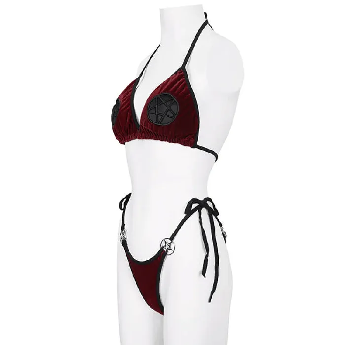 EVEs SECRETS Vibrators Wine Red Velvet Bikini With Pentagram Tie Sides