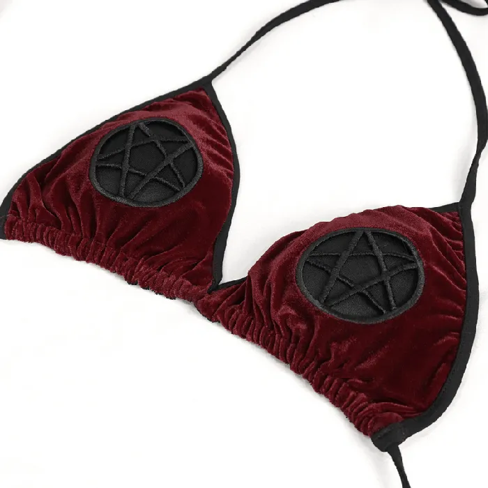 EVEs SECRETS Vibrators Wine Red Velvet Bikini With Pentagram Tie Sides