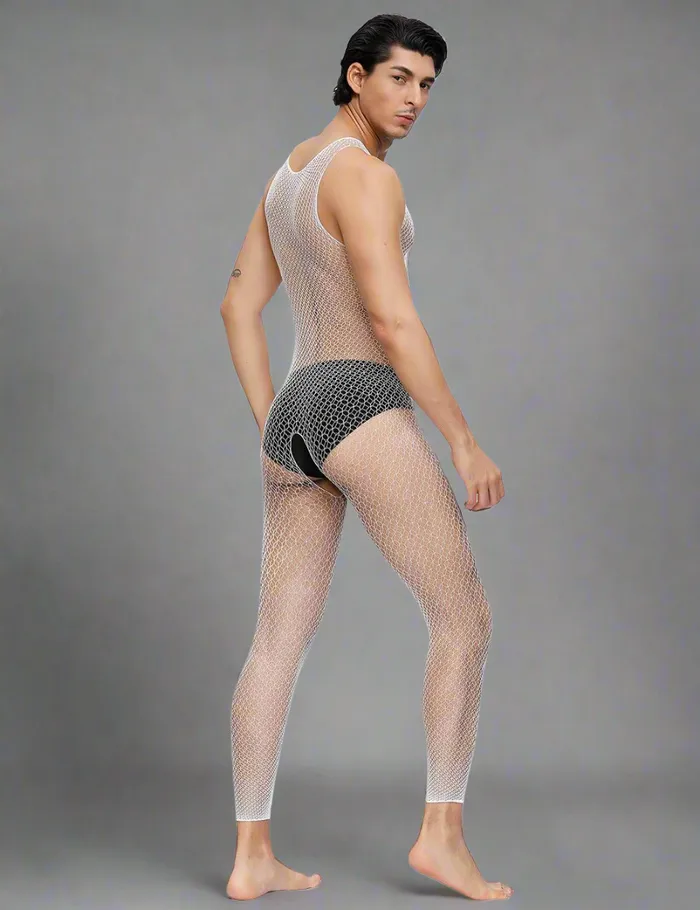 Mens Sheer White Fishnet Bodystocking by Scandals Scandals Menswear Female Sex Toys